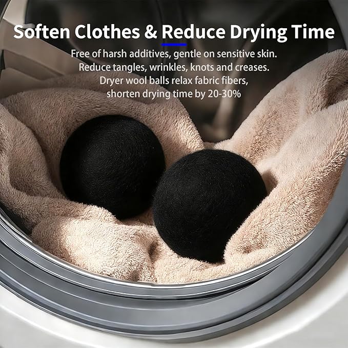 Wool Dryer Balls 6-Pack XL - Natural Reusable Laundry Fabric Softener, Reduces Wrinkles & Drying Time, Hypoallergenic, Leaves Fabrics Naturally Soft and Fluffy (Black)