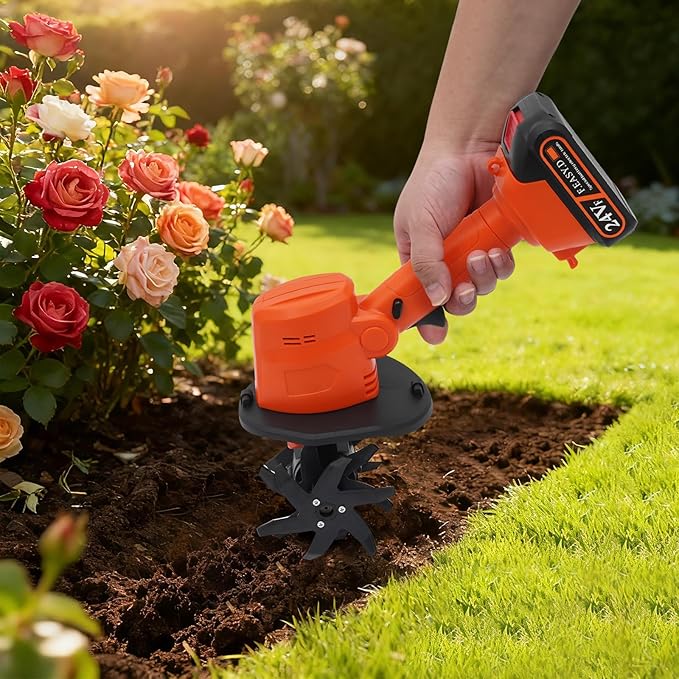 Cordless Mini Tiller Cultivator, 21V Electric Handheld Tiller for Gardening, Lightweight Soil Ripper Garden Tool with 1500mAh Battery & 10cm Tilling Width, Orange ABS Body, Ideal for Home Lawn, Yard