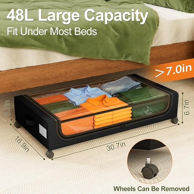 GoMaihe Under Bed Storage with Wheels: 48L Underbed Storage Containers with Clear Lids - Rolling Drawers & Bins for Shoes Clothes in Dorm Bedroom - Space-Saving Easy Pull-out Black 2-Pack