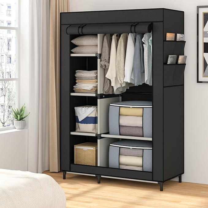 Calmootey Portable Closet, Wardrobe with 6 Shelves and Hanging Rod, Storage Organizer for Bedroom, Non-Woven Fabric Cover with 4 Side Pockets, Includes 2 Storage Bags for Clothes, Black