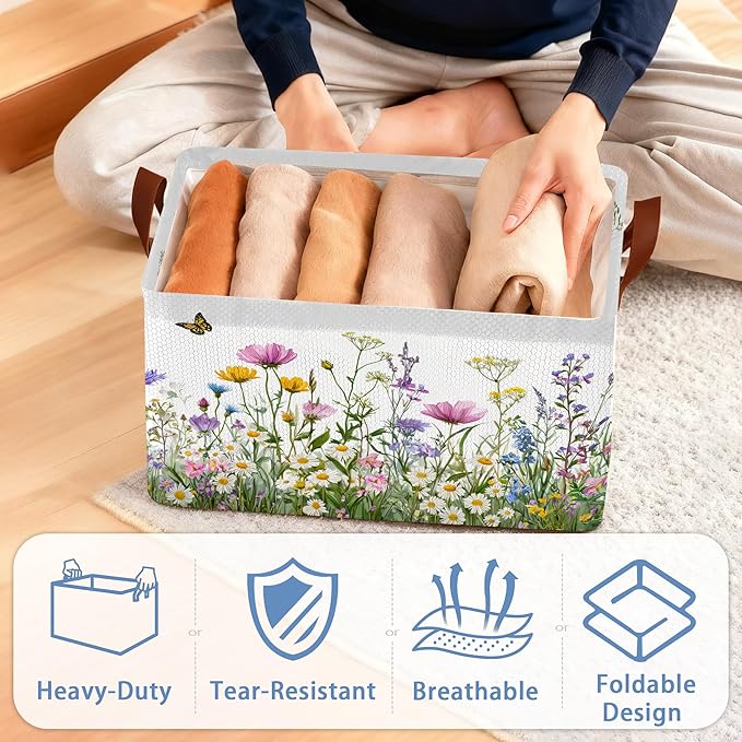 Wildflowers Butterfly Storage Baskets,Garden Herb Flower Foldable Large Capacity Organizer Bins with Waterproof Lining and Leather Handles for Closet,Shelf,Bedroom 17x11.5x10Inch