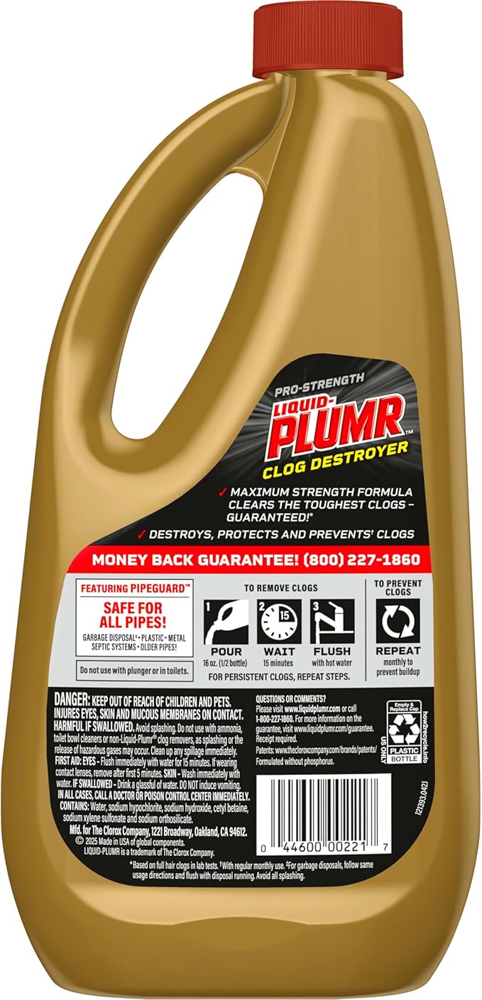 Clorox Liquid-Plumr Pro-Strength Clog Destroyer, Liquid Drain Cleaner, 32 Fluid Ounces (Package May Vary)