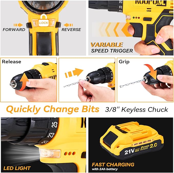 Tool Kit Box Drill Set with 21V Cordless Drill, Tool Box with Drill, Hand Drill Set for Men, Power Tool Combo for Home Repair, DIY, Handyman