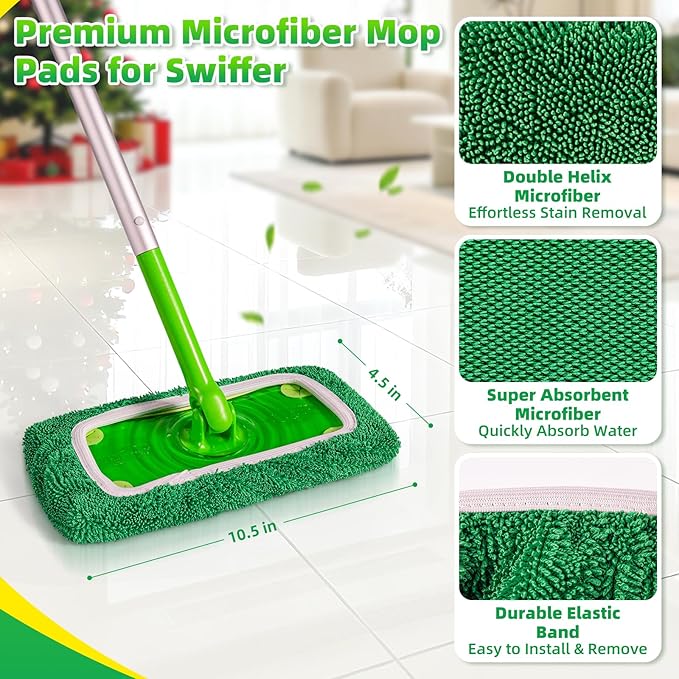 Reusable Microfiber Mop Pads Compatible with Swiffer Sweeper Mop - Heavy Duty Wet Pads Refill & Washable Wet Cloths for Multi-Surface Floor Mopping - Stubborn Stains Removal (Forest Green ）