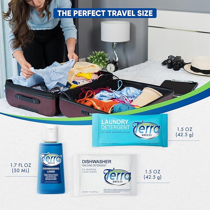 Travel Laundry Detergent & Dish Soap | Terra Breeze 1-Shoppe Amenities Kit | Laundry Soap, Dish Soap | 45 Pieces