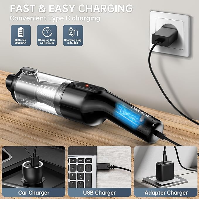 dormzie Handheld Vacuum Cordless, 16000Pa Powerful Suction, Lightweight at 1.3 lbs, Rechargeable Car Vacuum Cleaners for Home Office Car Pets with Brushless Motor, Multiple Accessories