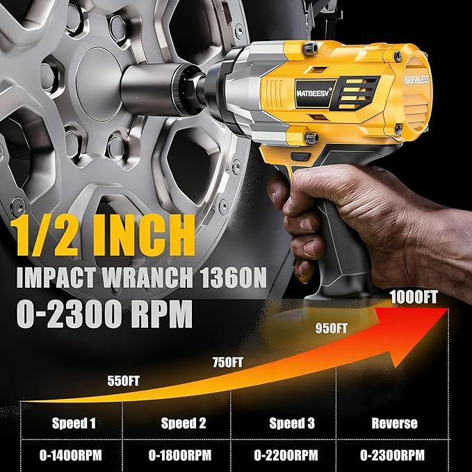 Cordless Impact Wrench Compatible with DeWalt 20V Battery: 1/2 Inch Hog Ring Impact Driver - High Torque - 1360N.m/1000Ft-lbs Cordless Impact Gun - Brushless Motor with LED Light - Tool Only
