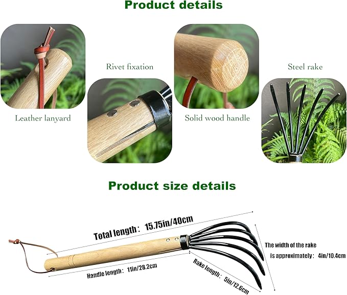 15"Garden rake, 5-Prong Steel Leaf Rake with Solid Wood Handle for Gardening, Beach Combing & Soil Loosening