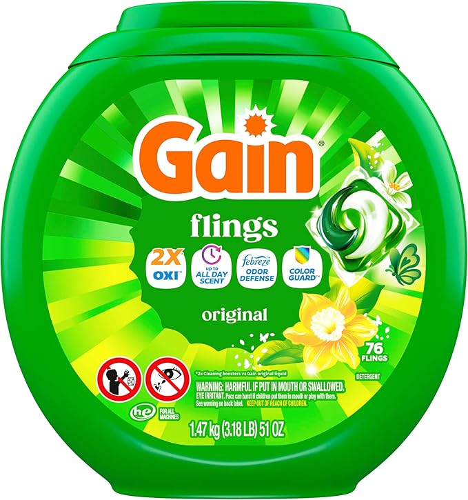 Gain Flings Laundry Detergent Pacs, 76 Count, Original Scent, with Odor Defense, concentrated laundry soap pacs