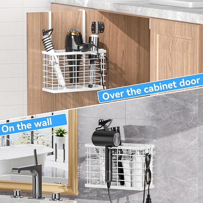 OVICAR Hair Dryer Holder - 3-in-1 Hair Tool Organizer Blow Dryer Holder Adjustable Height Cabinet Door/Wall Mounted Bathroom Organizer for Hair Dryer, Flat Irons, Curling Wands, Straighteners Storage