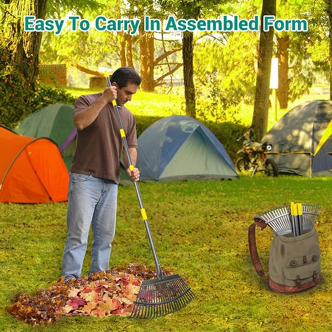 Adjustable Garden Rake for Leaves 36-73" Long Handle, 18" Wide, Heavy Duty with 25 Metal Tines ，Includes 32Gallon Leaf Bags，Designed for Lawns, Grass, Shrubs ，Flower Beds
