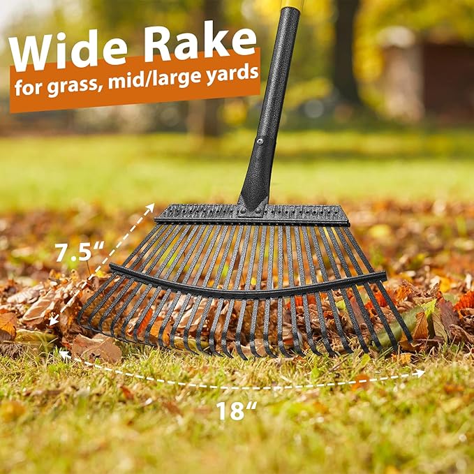 Rake for Leaves: Large 18" Wide Metal Leaf Rake, 65” Long Handle,25 Tines,Heavy Duty Graden Rakes Set for Lawn Yard Pine Needles Mulch Thatch Debris Cleanup Set with 32Gallon Leaf Bags and Scoops