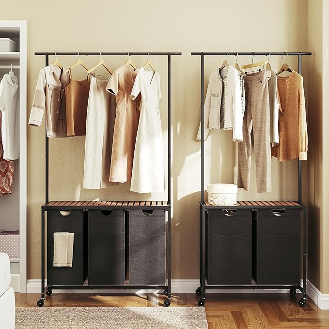 YATINEY Laundry Sorter 3 Section, Rolling Laundry Hamper with Hanging Rack, Laundry Sorter with Wheels, Hampers for Laundry, Laundry Basket Organizer for Laundry Room, Rustic Brown LS37BR