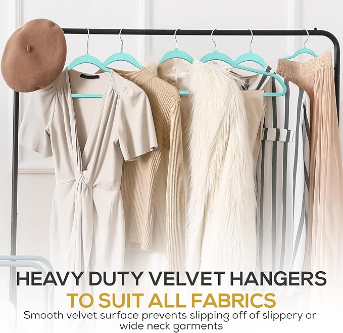 Techzoo 50 Pack New Premium Quality Velvet Hangers Ultra Thin Non Slip Adult Felt Space Saving Hangers for Closet Heavy Duty Coat Pants Dress Hangers 360° Swivel Hook Hold Upto 10 lbs Teal