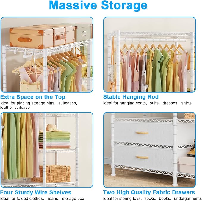 Ulif F3 Heavy Duty Clothes Rack（With Fabric Drawers）Freestanding Clothing Racks for Hanging Clothes，Adjustable Closet Organizer System，Portable Garment Rack 40" W x 15" D x 72" H，Max Load 700LBS，White