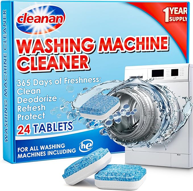 Washing Machine Cleaner Tablets - 24 Pack for Year-Round Deep Clean of Washer Machine, Suitable for HE, Top Load & Front Load Washer Cleaner, Grime & Build-Up, Septic Safe,Eco-Friendly