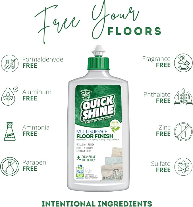 Quick Shine Multi Surface Floor Clean + Polish Mop Kit w/ 3 Reusable Pads & 1-16 oz. Floor Finish | Use Wet + Dry | Hardwood, Luxury Vinyl Plank, Laminate | Safer Choice pH Neutral Formula