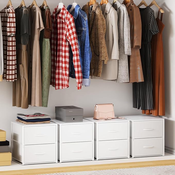 2 Pack Stackable Storage Closet Drawers, White Closet Organizers and Storage, Small Drawers for Closet with Wooden Top & Metal Frame, 2 Tier Modern Short Dresser for Bedroom,Dorm,Living Room, Office