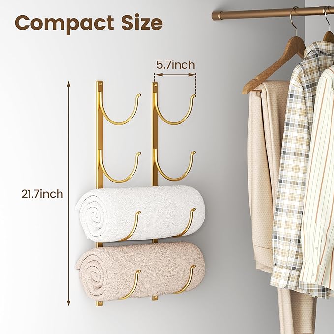 Bathroom Rolled Towel Rack: 4-Tier Wall Mounted Towel Storage Holder, Hanging Organizer for Towels, Blankets, Large Bath Sheets, Space Saving in RV, Closet, Toilet, Cabinet, Gold
