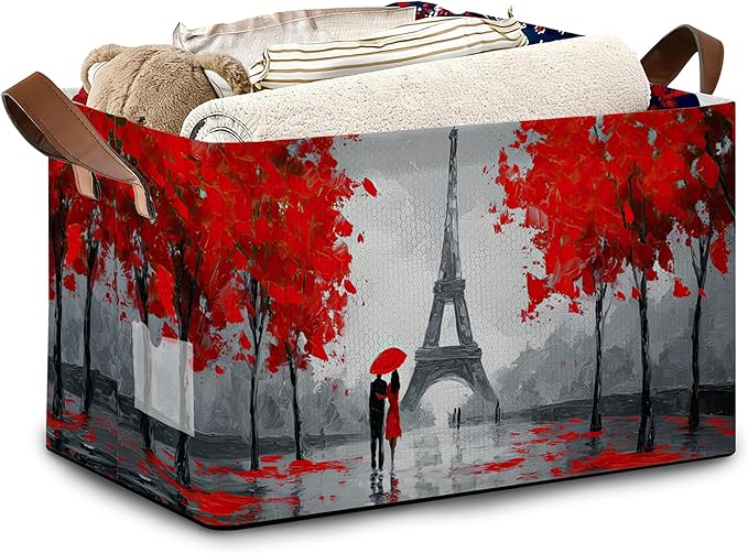 Eiffel Tower Storage Basket,Paris Couple Collapsible Storage Bin Cubes for Living Room Bedroom Blankets Home Storage 17x11.5x10Inch