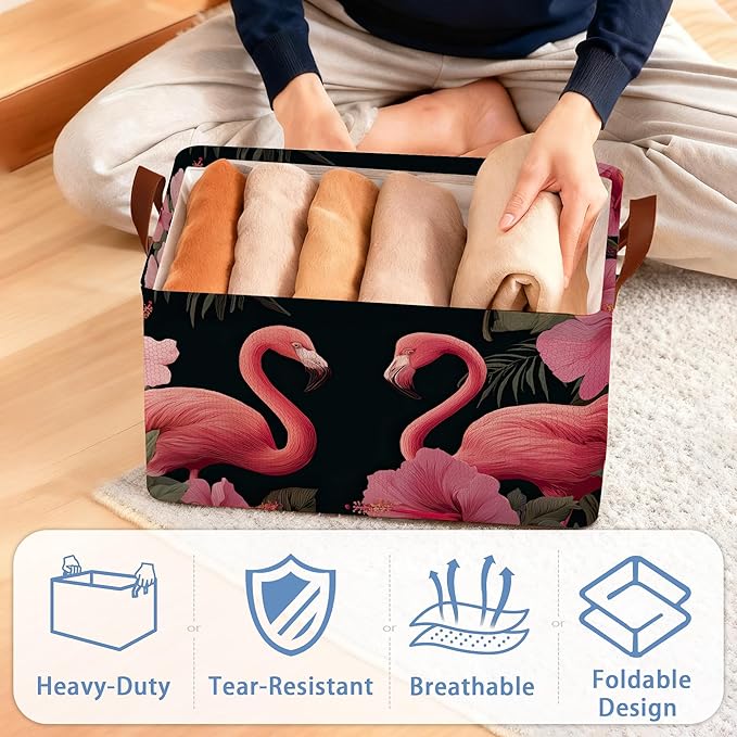 Flamingo Storage Basket,Hibiscus Collapsible Storage Bin Cubes for Living Room Bedroom Blankets Home Storage 17x11.5x10Inch