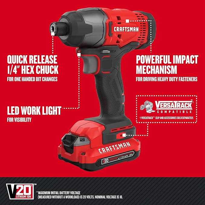 CRAFTSMAN V20 MAX Cordless Drill Driver and Impact Driver Set, Power Tool Set with 2 Batteries and Charger, LED Work Light, 2 Bits, Bag (CMCK200C2)
