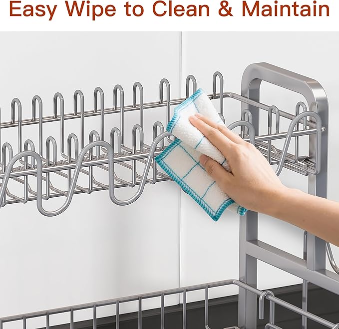 2 Tier Dish Drainer Drying Rack for Kitchen Counter Large Stainless Steel Dishes Drain with Drainboard Set, Space Saving, Big Modern Black Countertop Metal Plate Dryer Strainer Holder and Extra Tray