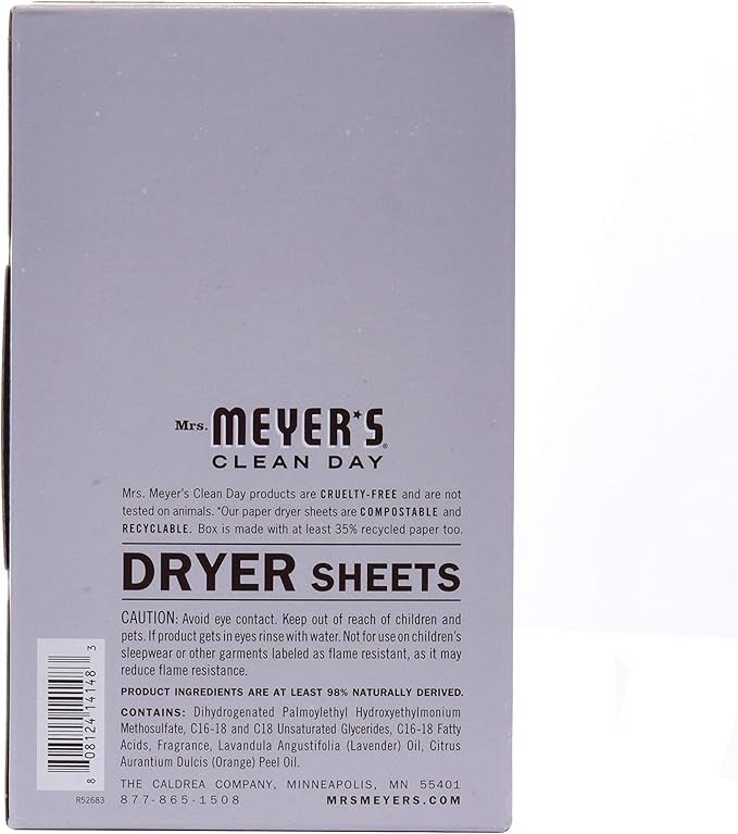 MRS. MEYER'S CLEAN DAY Dryer Sheets, Fabric Softener, Reduces Static, Infused with Essential Oils, Lavender, 80 Count
