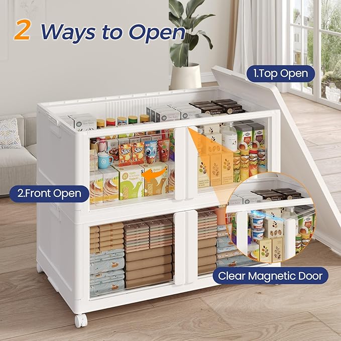 360Qt Stackable Storage Bins with Lid and Wheels, 90Gal Plastic Closet Organizer and Storage Drawer, Large Collapsible Storage Box Cabinet with Clear Door for Home Kitchen Office, 3Pack White