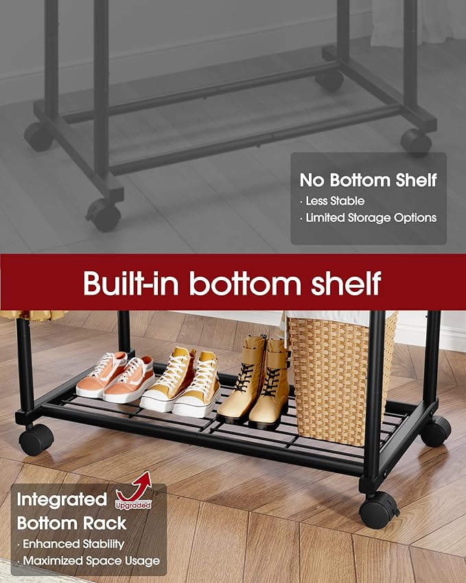 Sakugi Metal Clothes Rack - Double Rod Clothing Rack with Fixed Design and Rolling Wheels, Coat Rack with Built-In Shelf for Closet Organizers and Storage (38.5" x 16.9" x 59.0", Black)