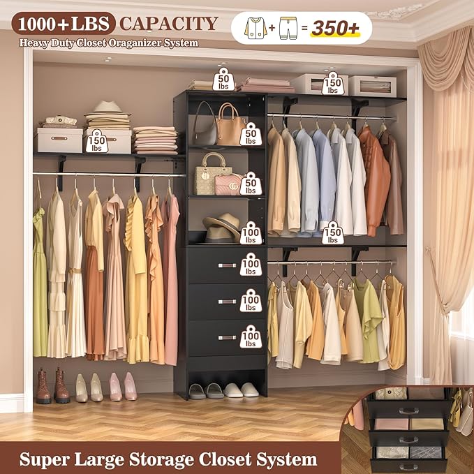 iSunirm 8FT Closet System, 96'' Closet Organizer System with 3 Hanging Rods, Wall Mount Bedroom Wardrobe with 3 Drawers Walk-in Closet, Adjustable Cloth Garment Rack from 5 to 8FT (Cut to Fit), Black