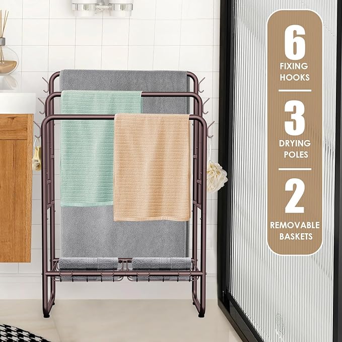 Kayfia 40" Tall Free Standing Towel Racks for Bathroom, 3 Tier Blanket Rack with 2 Storage Baskets & 6 Hooks, Towel Rack Stand for Large Bath Towels, Metal Blanket Ladder Holder for Bedroom (Bronze)