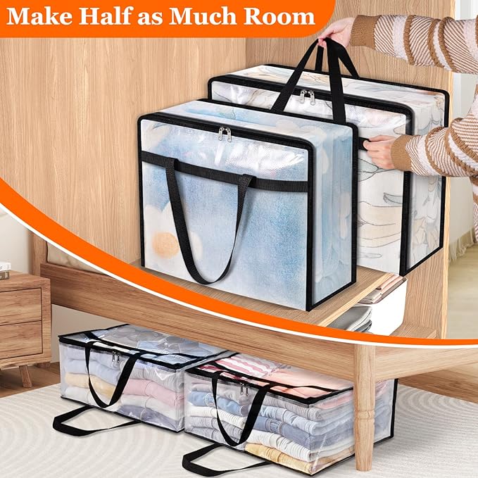 TasticTotes 4 Pack Clear Storage Bags for Comforter, Clothes & Bedding, Plastic Blanket Storage with Zipper and Handle, Moving Bags, Closet Organizer and Under-Bed Storage (60L)