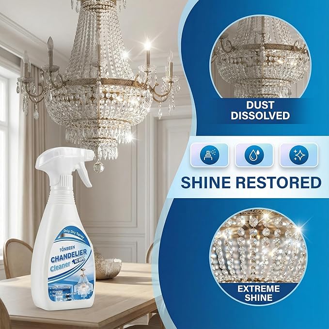 Chandelier Cleaner Drip Dry Spray, No Wipe Formula for Crystal Chandeliers, Streak-Free Spray-On Cleaner for Glass & Decorative Lighting Fixtures, Surface-Friendly on Crystal, 10.14 oz