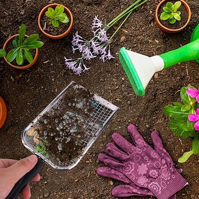 2 Pcs Gardening Soil Sifter, Handheld Shovel, Shape Garden Sieve Sifter with Handle (3.8mm and 5mm Mesh), Portable Gardening Sifter for Gradening Sand Soil Dirt Compost (2 Set)