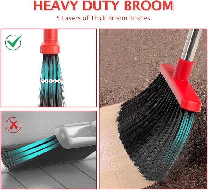 Broom and Dustpan Set with Long Handle, Heavy Dust Broom and Dustpan Combo for Home，Kitchen, Office, Pet Hair (Black Red)