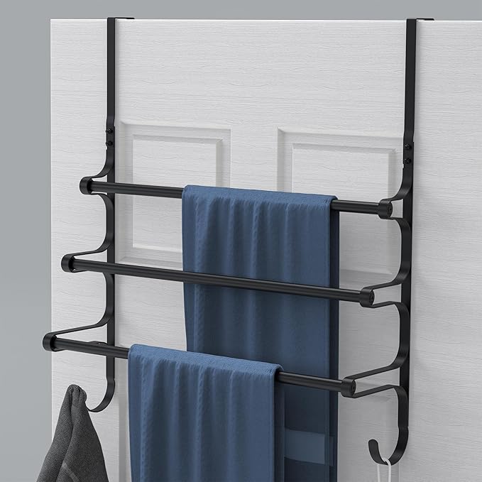 CANYAVE Over The Door Towel Rack, Over Door Towel Rack for Bathroom Door, Triple Towel Storage Holder with Hooks (Matte Black)