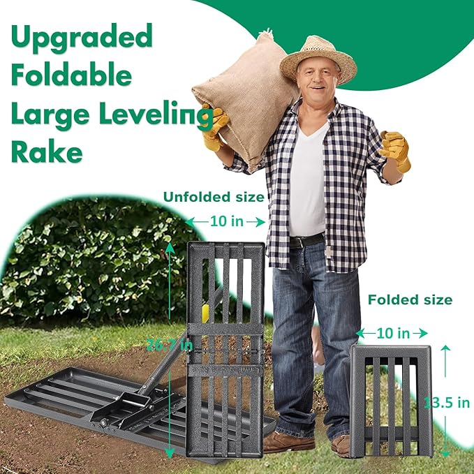 Lawn Leveling Rake,Folding 30x10 Inch Ground Plate,56 Inch Adjustable Long Handle Yard Level Tool with Curved Edge,Heavy Duty Landscaping Lawn Leveler for Grass, Golf Field, Soil Sand Dirt Spreader