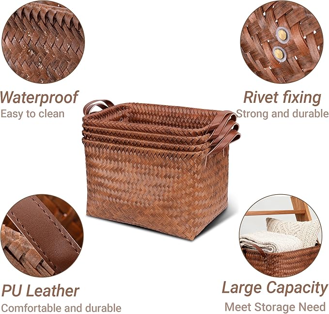 15L Laundry Baskets Waterproof Storage Baskets For Shelves Large Laundry Hamper With Leather Handle -set of 4 Cube Organizers Woven Bins for Bathroom,Bedroom,Pantry,Clothes,Car & Towels-Brown