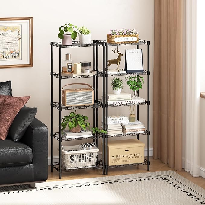 HOMEFORT Storage Shelves, 5-Wire Shelving, Metal Shelving Unit,Small Wire Shlving Rack for Kitchen, Pantry, Bathroom, Black, 16.5" W x 11.4" D x 47" H