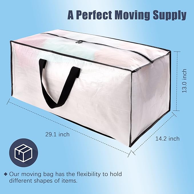 HOMESURE 12 Pack Large Strong Moving Bags with Zippers & Carrying Handles - Water-Resistant - Heavy Duty Storage Tote for Space Saving, Fold Flat, Alternative to Moving Box (Semi-Transparent)