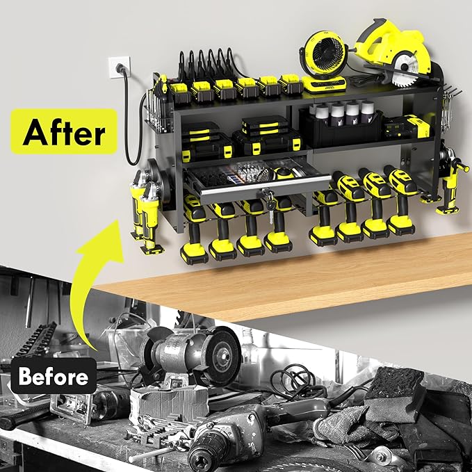 KSVO Power Tool Organizer Wall Mount with Drill Holder, Grinder Bracket, Hammer and Pliers, Locking Drawer, 6-Outlet Charging Rack - Heavy Duty Metal Tool Storage Garage, Workshop (Yellow)