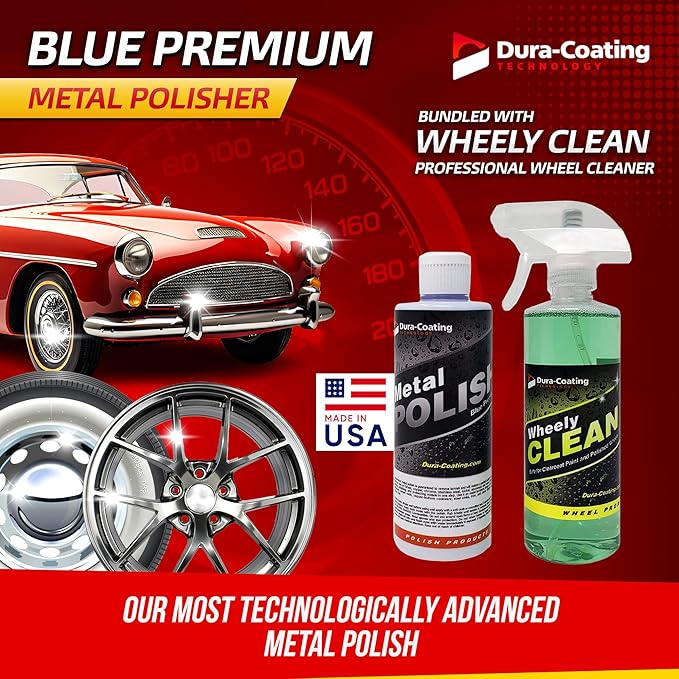 DURA-COATING TECHNOLOGY, Blue Premium Metal Polish - Perfect for Aluminum Wheels, Diamond Plate, Stainless Steel, Copper, Brass, & Nickel - 16oz Polish + 16oz Wheely Clean (Wheel and Tire Cleaner)