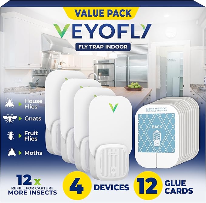 VEYOFLY Fly Trap Indoor, Fruit Fly Traps for Indoors, (4 Device + 12 Refills) Gnat Traps for House Indoor, Fly Catcher Indoor, Plug in Light Flying Insect Trap, Bug Light Killer, Fly Trap
