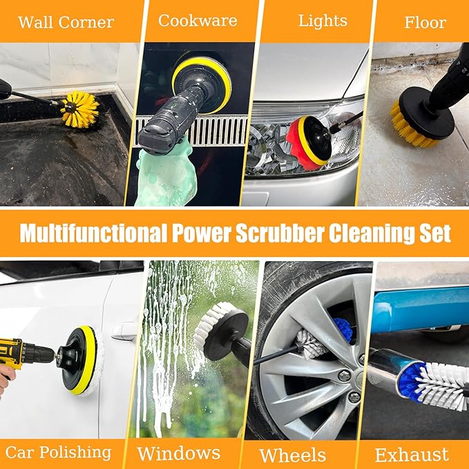 15Pcs Drill Brush Attachment Set, Drill Scrubber Brush Kit Include Soft Drill Wheel Brush, Scrub Pads, Sponge, Drill Cleaning Brush Attachment Set for Car, Bathroom, Tub, Tile, Floor, Grout, Boat