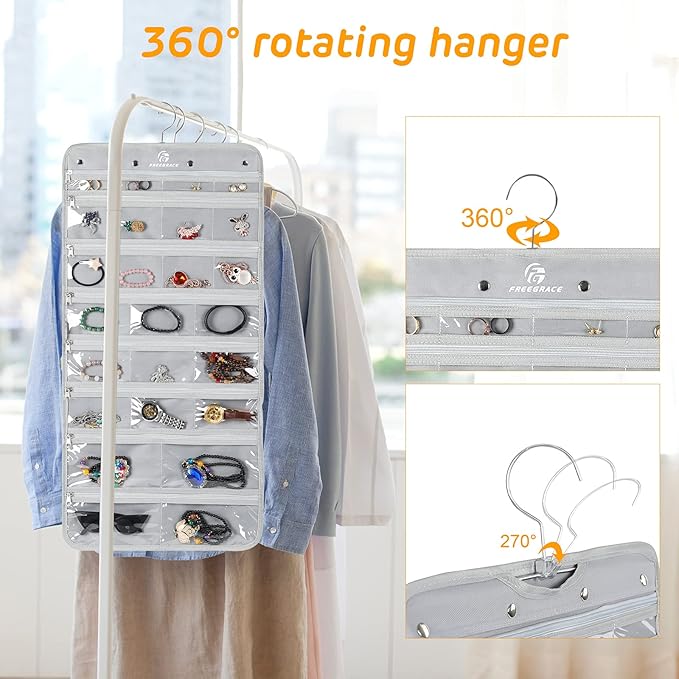 Freegrace Hanging Jewelry Organizer with Secure Zipper Closure - 360° Revolving Hanger, 25 Clear Pockets, 23 Necklace Hooks - Foldable Travel Storage & Closet Display (Gray)