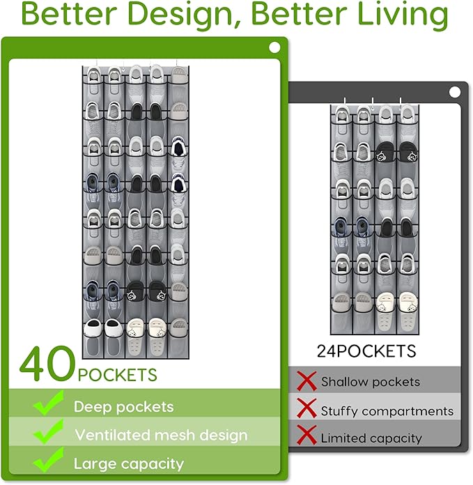 Unjumbly Over the Door Shoe Organizer with 40 Large Breathable Mesh Pockets, Space Saving Shoe Holder, Hanging Shoe Rack for Entryway Bedroom Closet Storage (Grey, 80 Pockets)