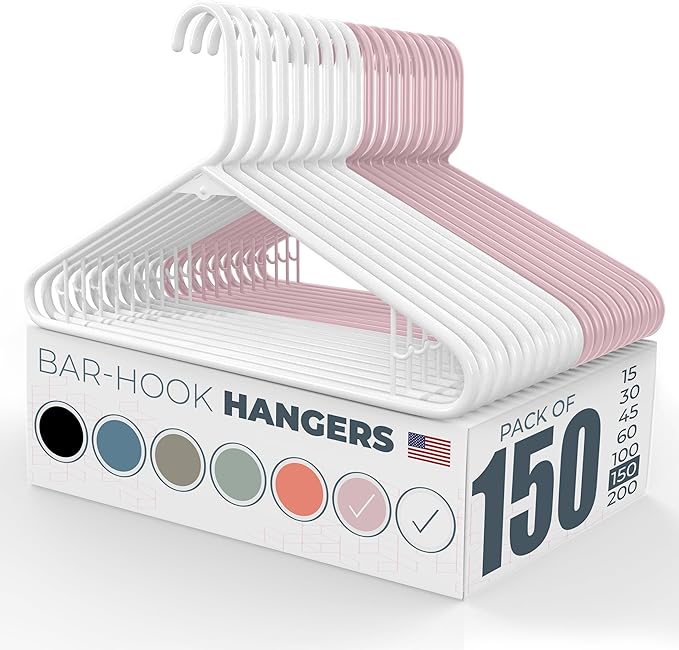 Neaties Plastic Hangers 100+ Pack (150 Count) – Made in The USA – 6lb Capacity Standard Clothes Hangers with Strap Hooks for Dresses, Lingerie, Shirts, Pants, and Jackets – White & Pink