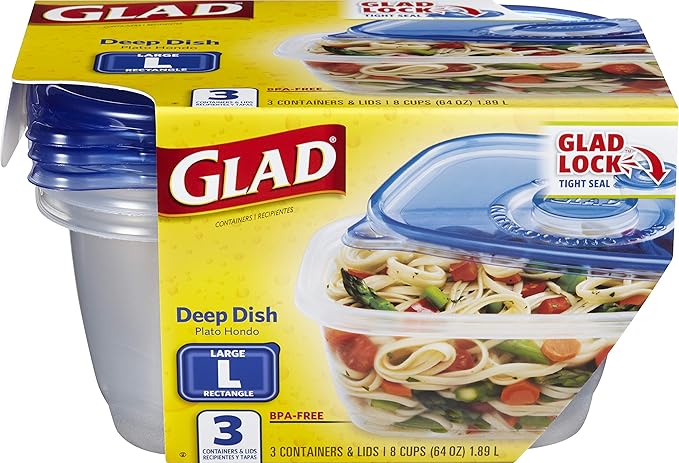 Glad GladWare Deep Dish Food Storage Containers with Lids, Large Rectangle BPA Free Plastic for Soups Salads and Meal Prep, Lock Tight Seal, Microwave Dishwasher Safe, 64 Oz, 3 Count - 6 Pack