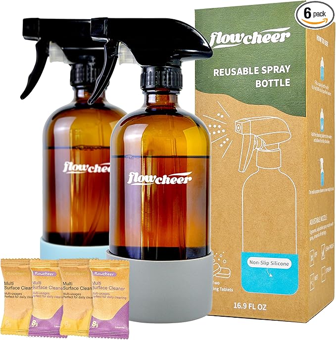 flowcheer Multi-Surface Cleaner Kits-2 Pack Reusable Spray Bottles & 4 Pack All Purpose Cleaner Refills Tablet, 4 x 16.9 Fl oz Bottles of Spray Cleaner Lemon and Lavender Scent
